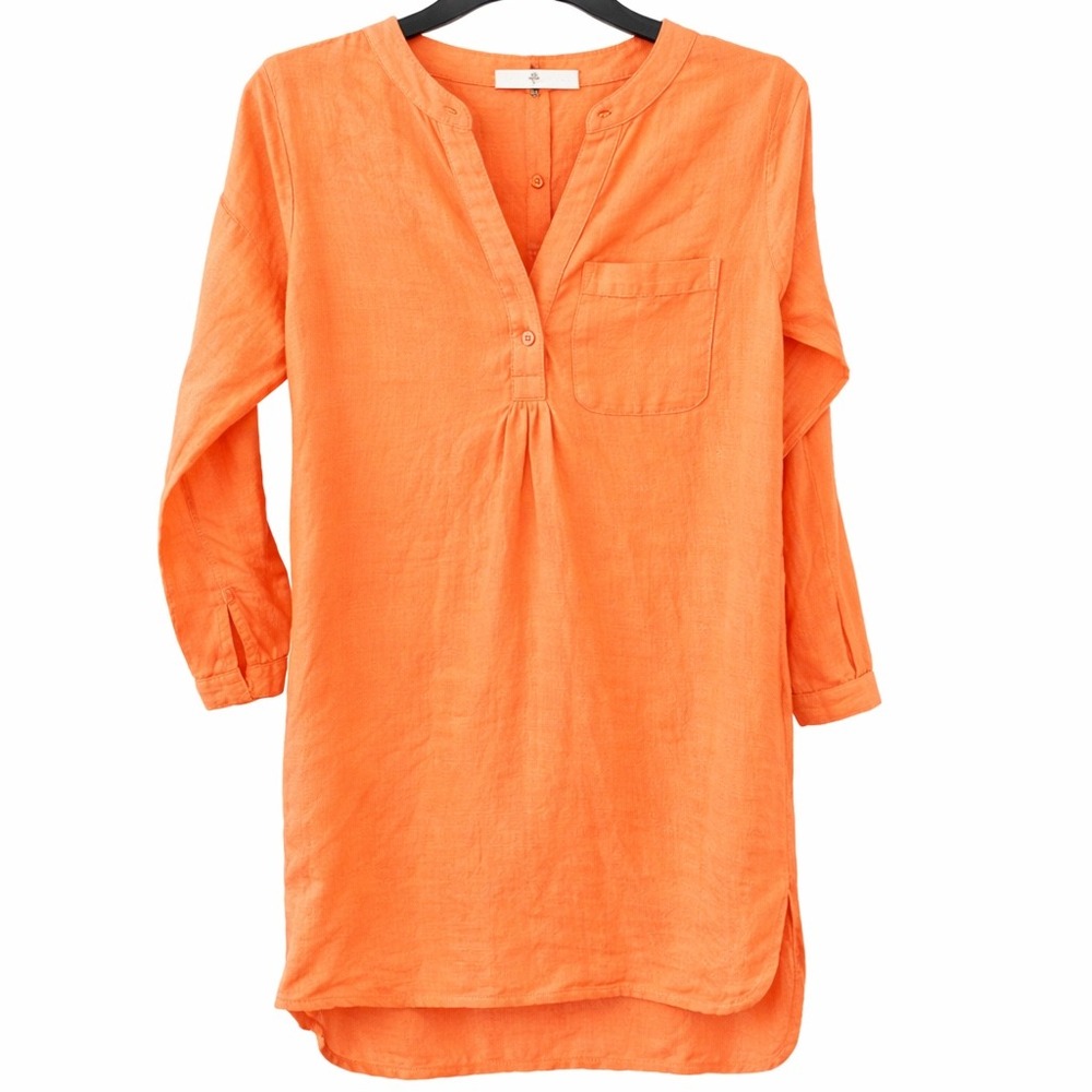 Womens XS Bright Orange 100% Linen Henley Long Roll Sleeve Dress Beach Resort